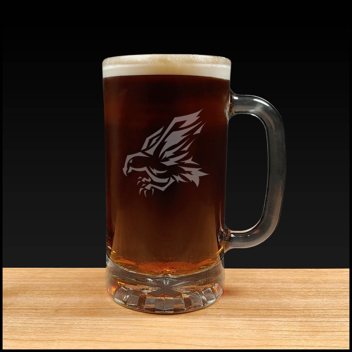 Hawk Design Beer Mug - Dark Beer - Copyright Hues in Glass