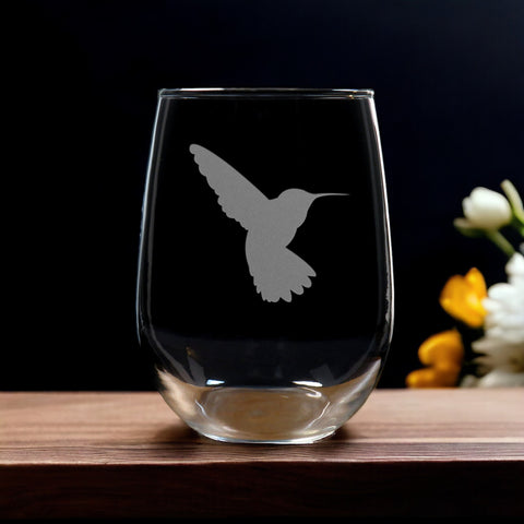 Stemless Wine Glass with a Hummingbird Silhouette image - Copyright Hues in Glass