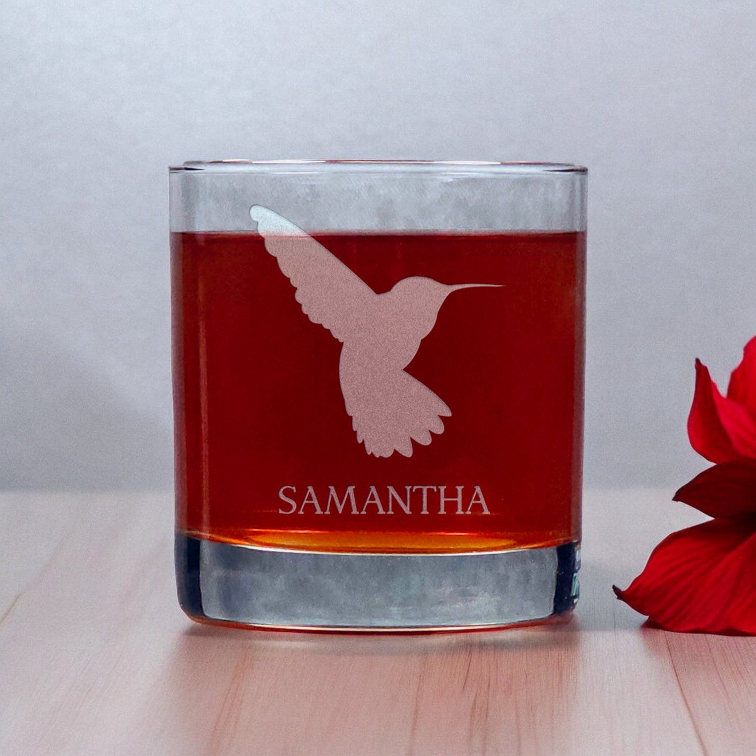 Personalized Hummingbird Silhouette Whisky Glass - Copyright Hues in Glass