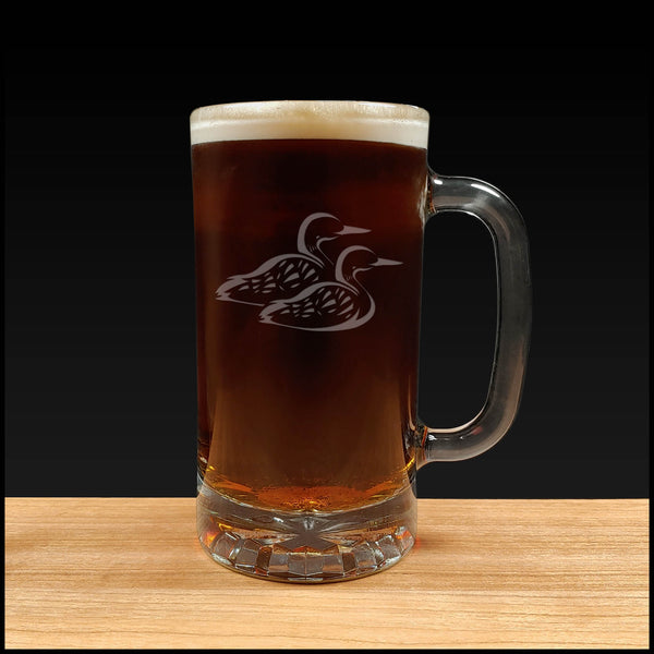 Two Loons swimming image on a 16oz handled Beer Mug containing a Dark Beer - Copyright Hues in Glass