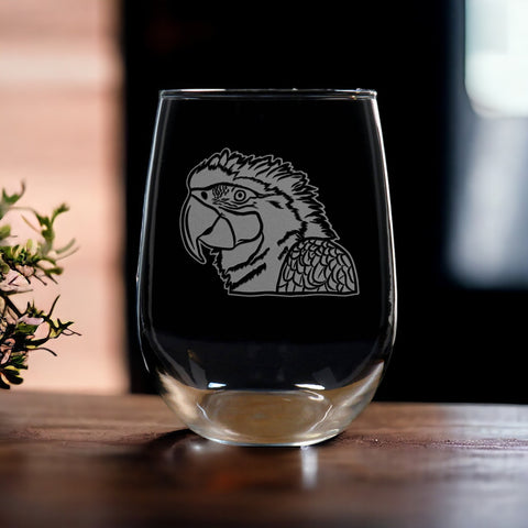 Macaw Parrot 17oz Stemless Wine Glass - Deeply Etched Personalized Gift