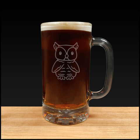 Cut owl design on a 16oz handled Beer Mug containing a Dark Beer - Copyright Hues in Glass