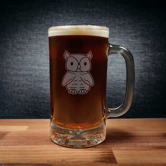 Cute owl design on a 16oz handled Beer Mug containing a Dark Beer - Copyright Hues in Glass