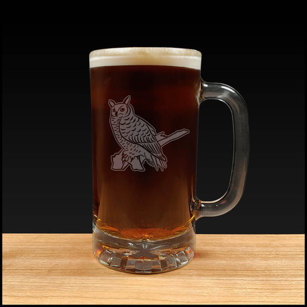 owl design on a 16oz handled Beer Mug containing a Dark Beer - Copyright Hues in Glass