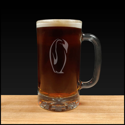 penguin design on a 16oz handled Beer Mug containing a Dark Beer - Copyright Hues in Glass