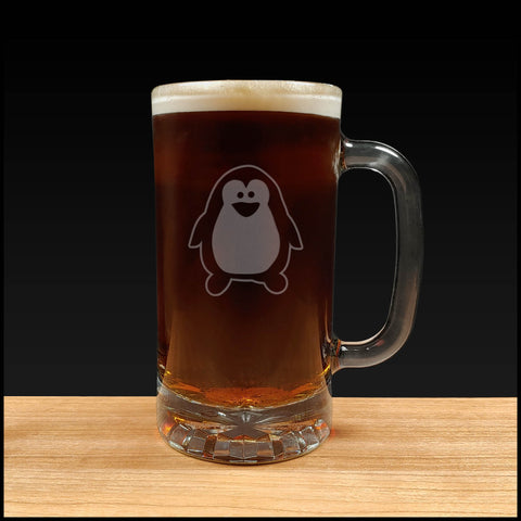 Cute penguin - design 4 - on a 16oz handled Beer Mug containing a Dark Beer - Copyright Hues in Glass