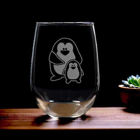 Cute Penguin and Baby 17oz Stemless Wine Glass - New Mom Deeply Etched Personalized Gift - Mother's Day Gift