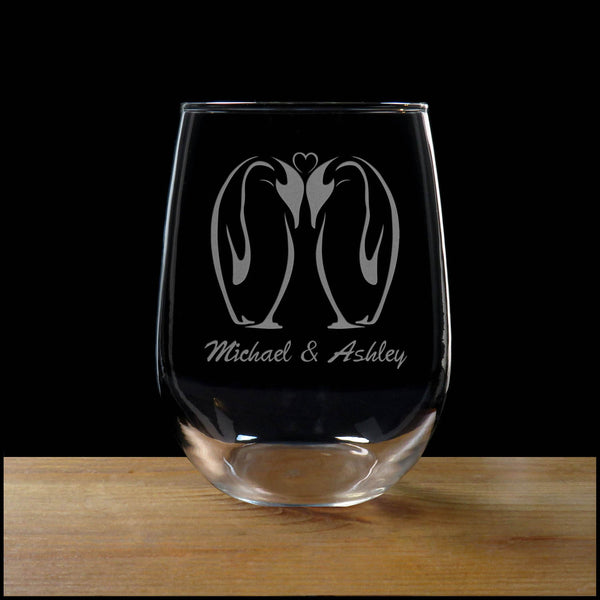 Kissing Penguins 17oz Stemless Wine Glass - Bride and Groom - Gift for Happy Couple - Set of 2 Newlywed Personalized Glasses