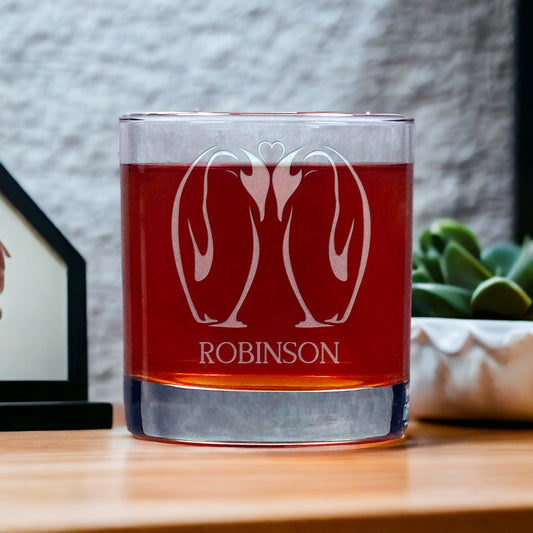 Personalized Kissing Penguins 11oz Whisky Glass
