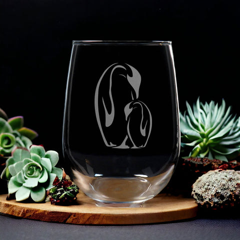 Penguin and Baby Stemless Wine Glass - New Mom Gift - copyright Hues in Glass