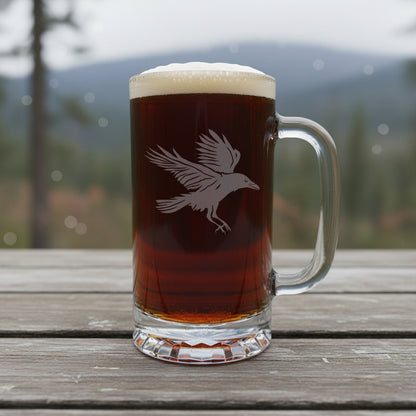 Personalized Raven Beer Mug 16oz – Handcrafted Sandblasted Glass Gift for Bird Lovers & Nature Enthusiasts