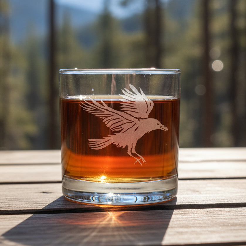 Glass tumbler with a Raven etching with a blurred forest in the background