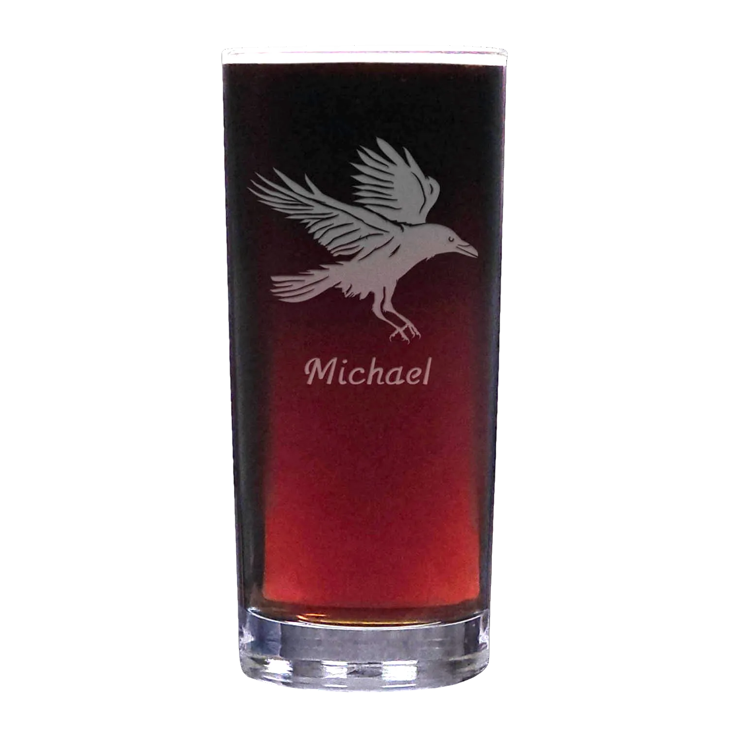 Glass with engraved bird design and name 'Michael' on a white background