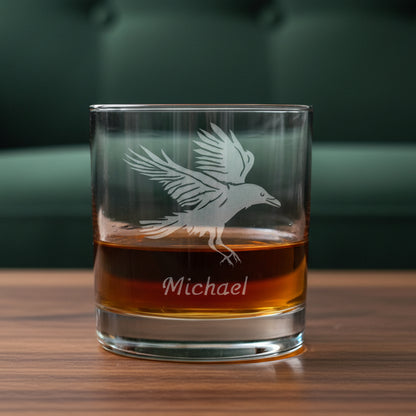 Glass tumbler with engraved bird design and 'Michael' text