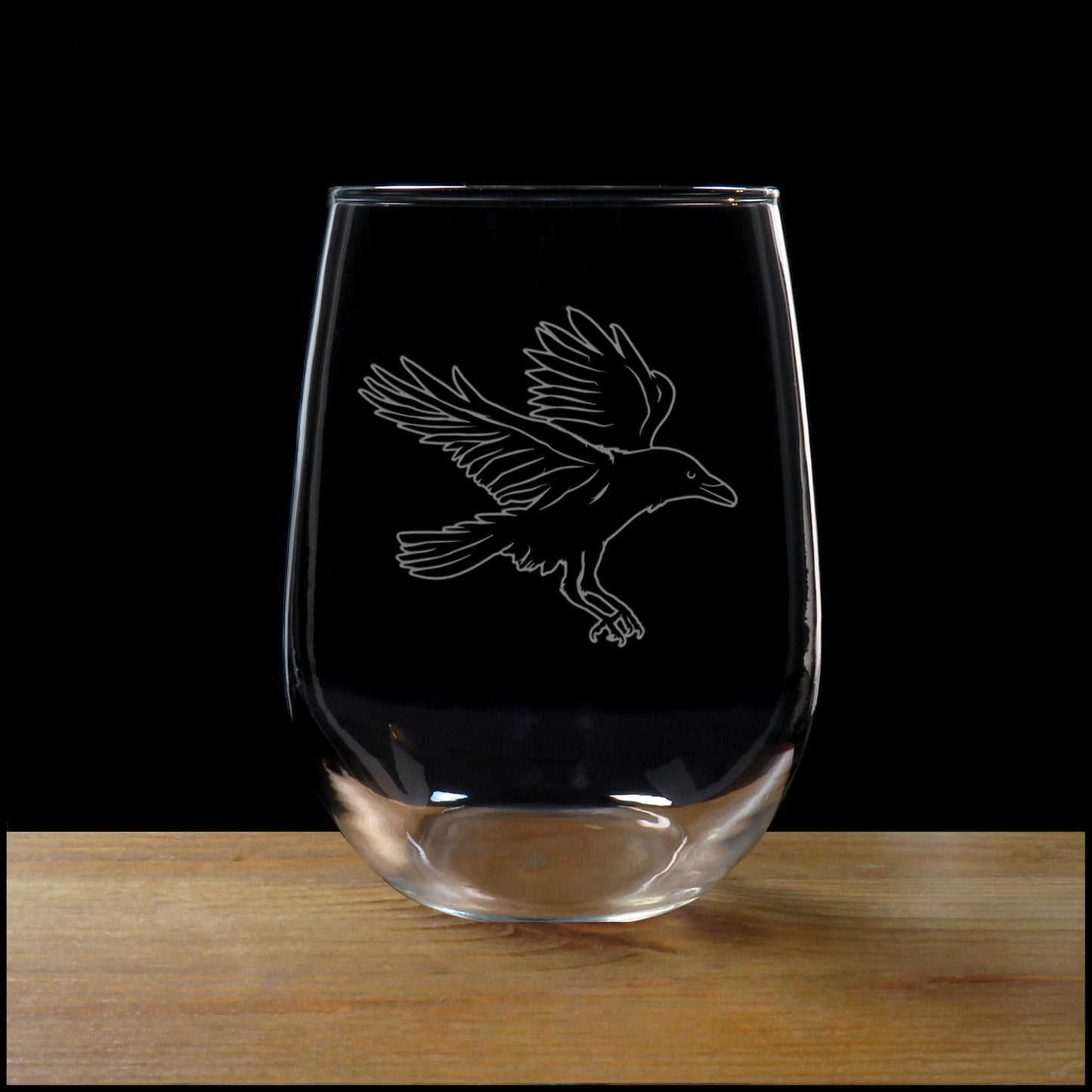 Personalized Raven 17oz Stemless Wine Glass - Custom Gothic Barware - Engraved Black Bird Drinking Tumbler