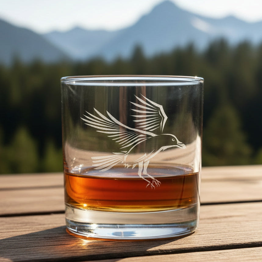 11oz whiskey glass with an etched image of a raven with a grey background