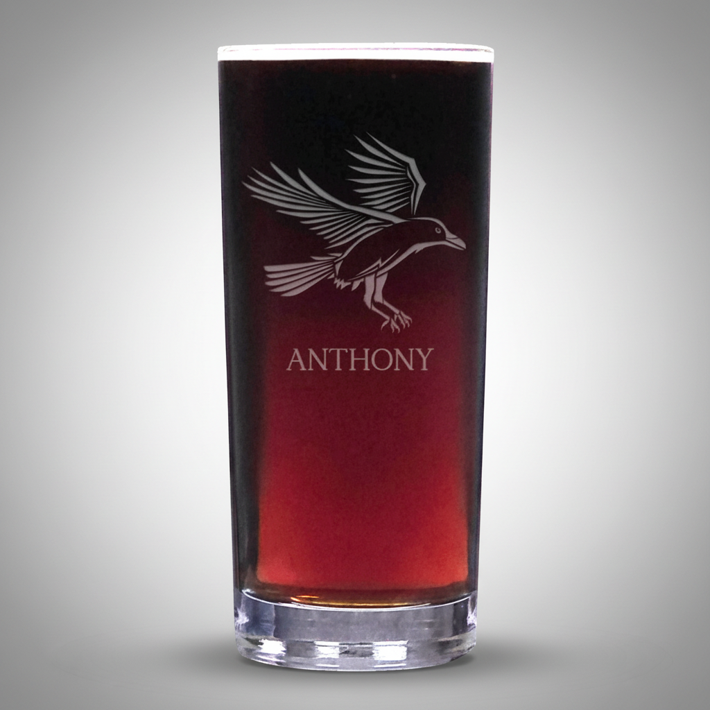 Glass with a bird design and 'Anthony' text on a white background