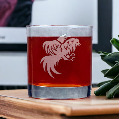 Rooster 11oz Whisky Glass - Design 3 - Copyright Hues in Glass