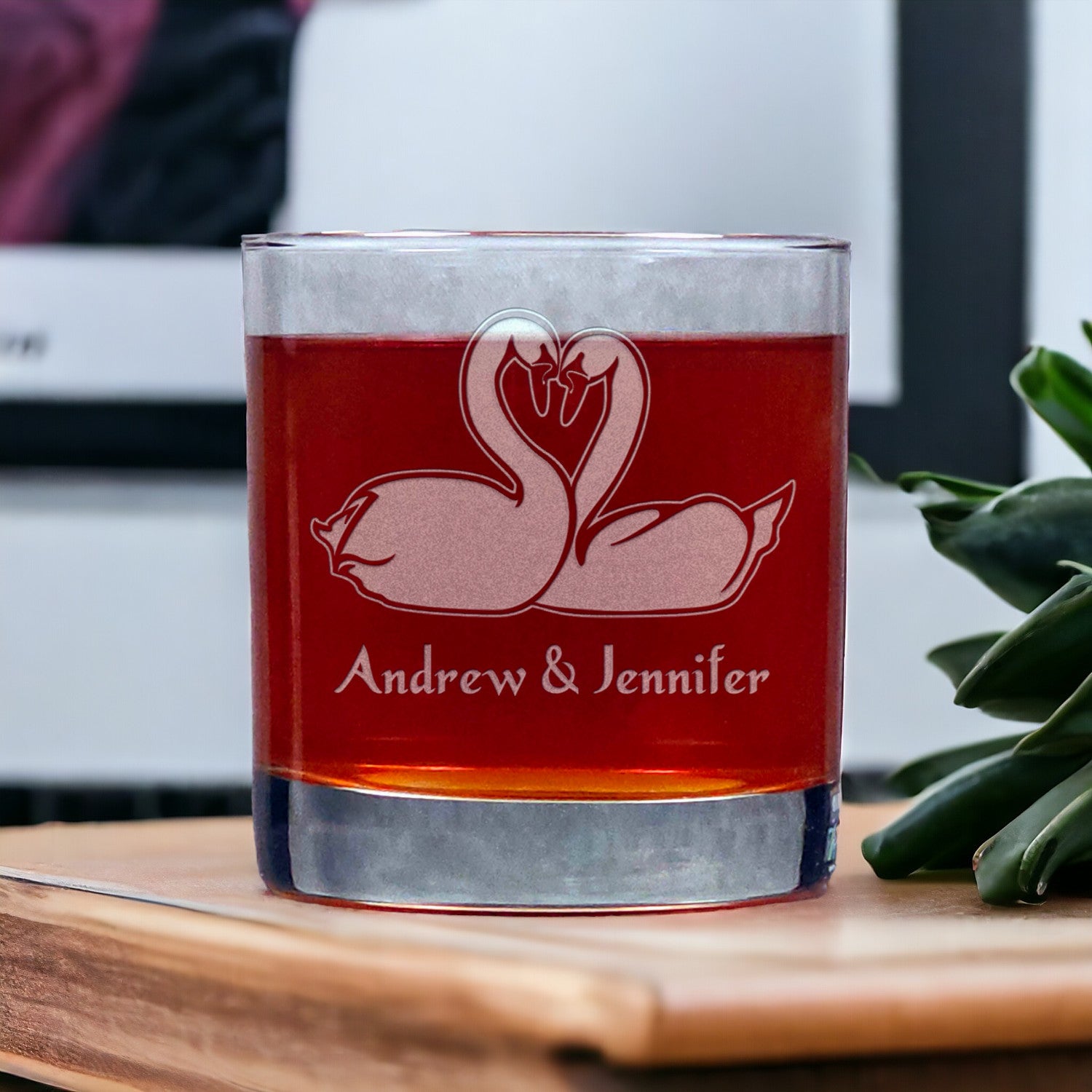 Personalized Swans Silhouette 11oz Whisky Glass - Copyright Hues in Glass