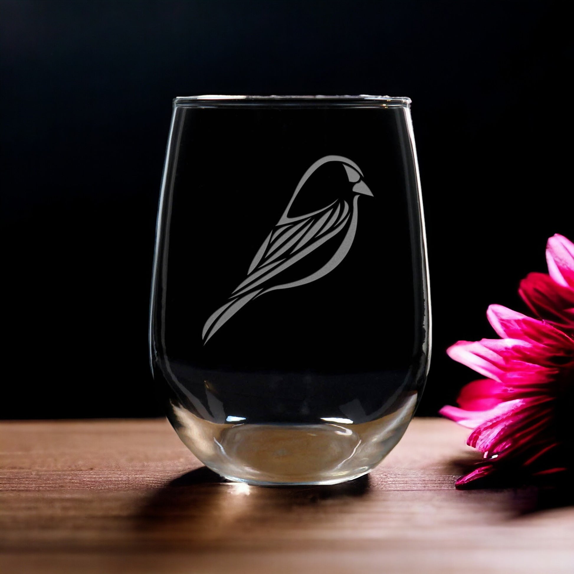 Finch  Bird Stemless Wine Glass - copyright Hues in Glass