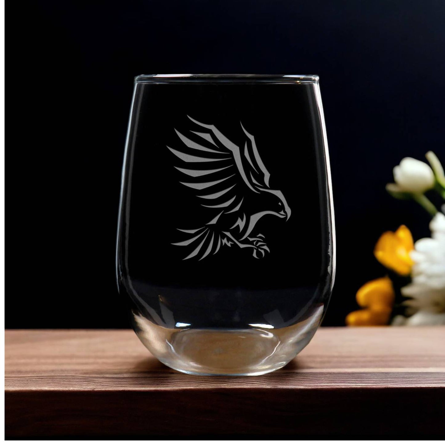 Eagle 17oz Stemless Wine Glass, Deep Sand Etched Wildlife Glass, Bird of Prey Drinkware, Nature Lover Gift