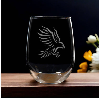 Eagle 17oz Stemless Wine Glass, Deep Sand Etched Wildlife Glass, Bird of Prey Drinkware, Nature Lover Gift