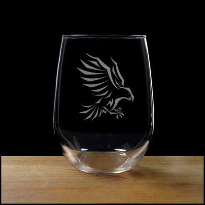 Eagle 17oz Stemless Wine Glass, Deep Sand Etched Wildlife Glass, Bird of Prey Drinkware, Nature Lover Gift