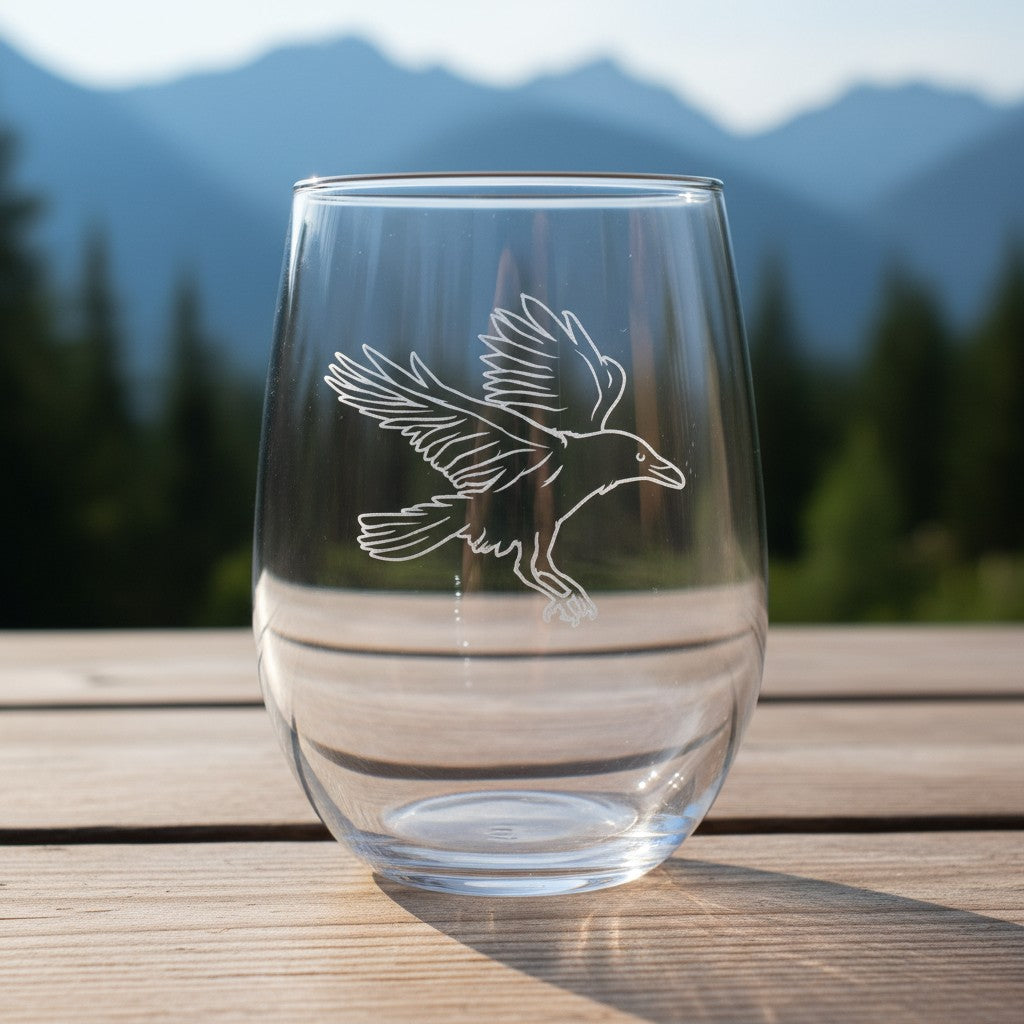 Personalized Raven 17oz Stemless Wine Glass - Custom Gothic Barware - Engraved Black Bird Drinking Tumbler