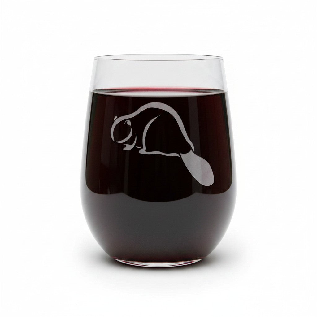 A stemless wine glass filled with red wine, featuring an etched beaver silhouette on the front, set against a plain white background.