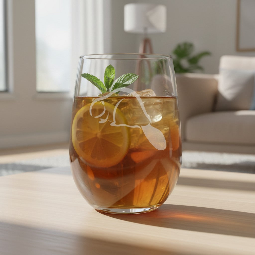 A clear stemless wine glass with a Beaver design, filled with iced tea, ice cubes, a lemon slice, and mint leaves, set on a light wooden table in a softly blurred living room.