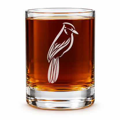 13oz Whisky Glass with an etched image of a Blue Jay - Rocks Glass - Copyright Hues in Glass
