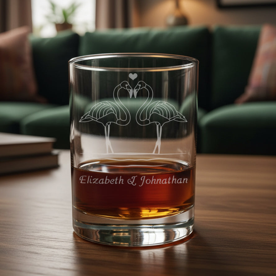 Glass tumbler with engraved flamingo design and names on a wooden surface.