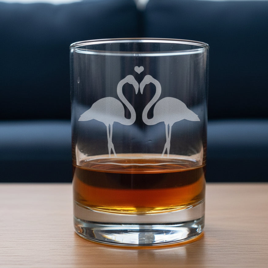 Clear glass tumbler with flamingo design filled with amber liquid on a wooden surface.