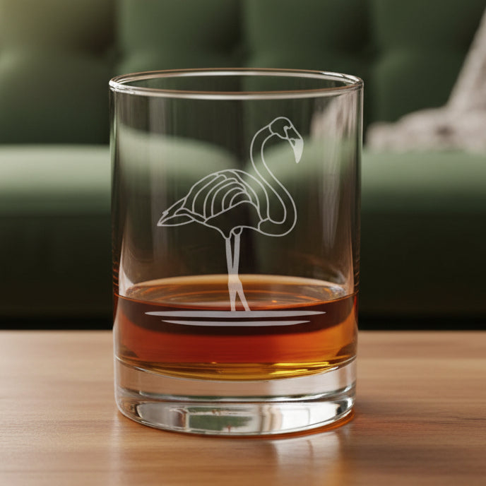 Clear glass tumbler with flamingo design filled with amber liquid on a wooden surface, with a green couh in the background