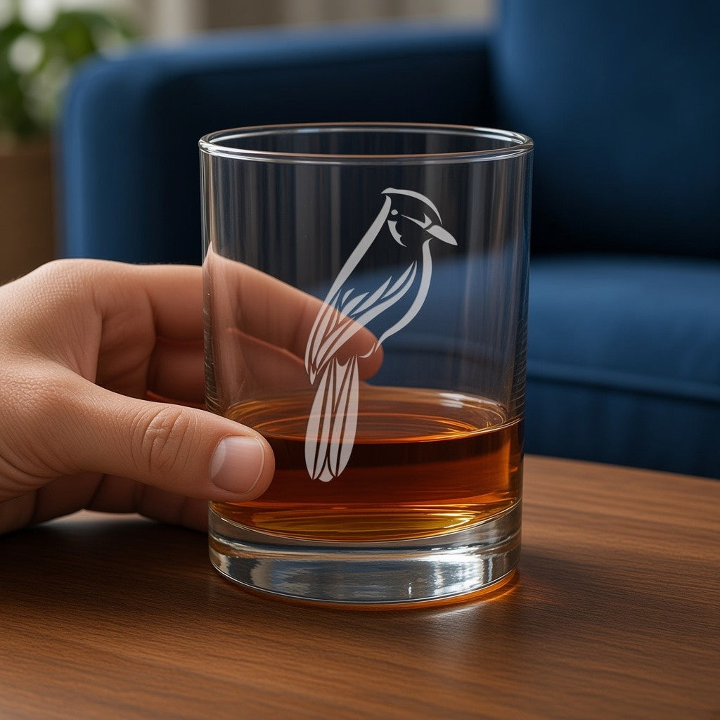 A hand holding a clear rocks glass with an etched bluejay design, filled with amber whiskey, set on a wooden table with a blurred blue sofa in the background.
