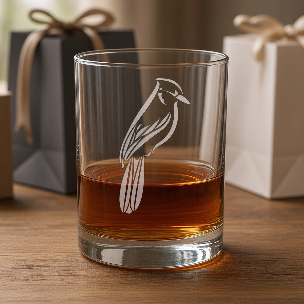 A clear glass rocks tumbler with an etched bird design, partially filled with amber whiskey, set on a wooden table with blurred gift bags in the background.