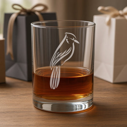 A clear glass rocks tumbler with an etched bird design, partially filled with amber whiskey, set on a wooden table with blurred gift bags in the background.