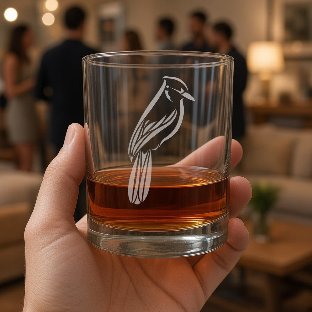 A hand holds a clear glass with an etched  bluejay, with amber whiskey, against a softly blurred indoor social setting with people in the background.