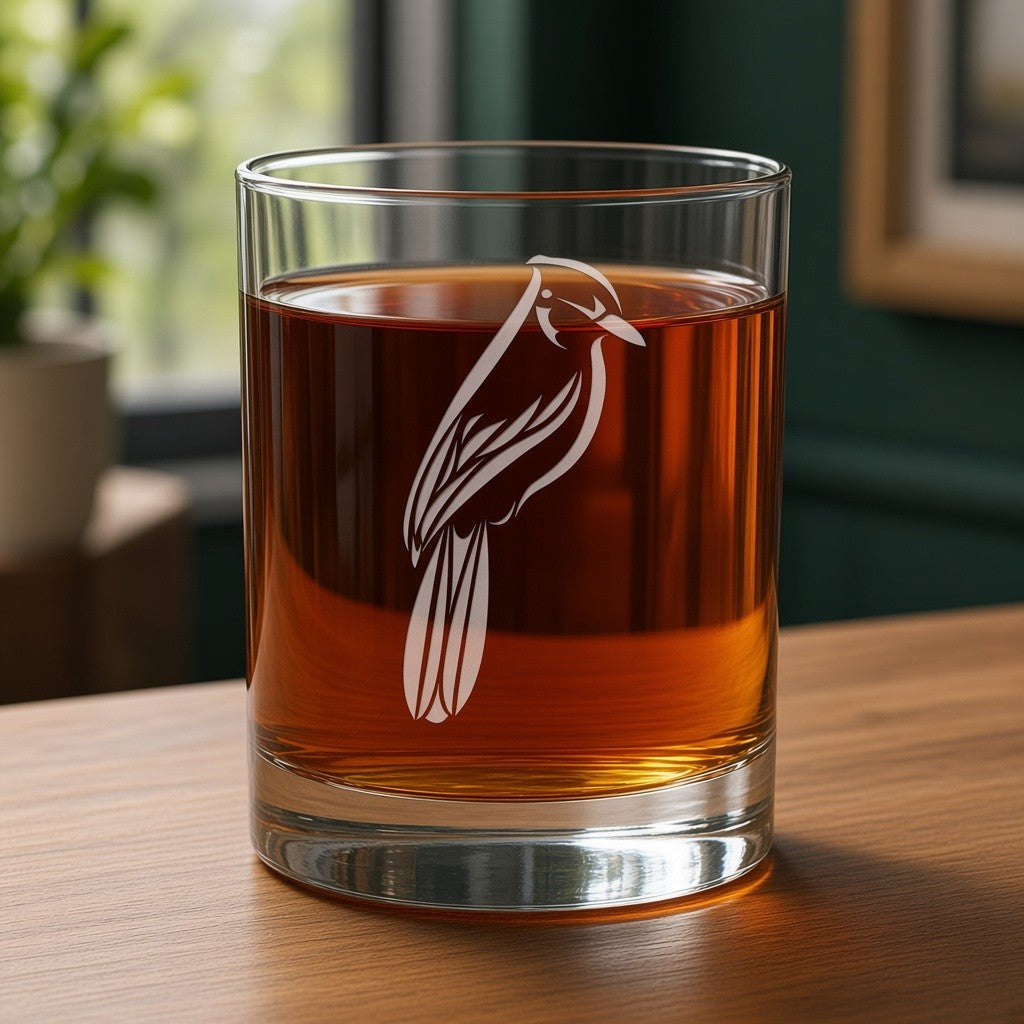 A clear rocks glass with an etched bird design, filled with Ginger ale, set on a wooden table in a softly blurred indoor setting.