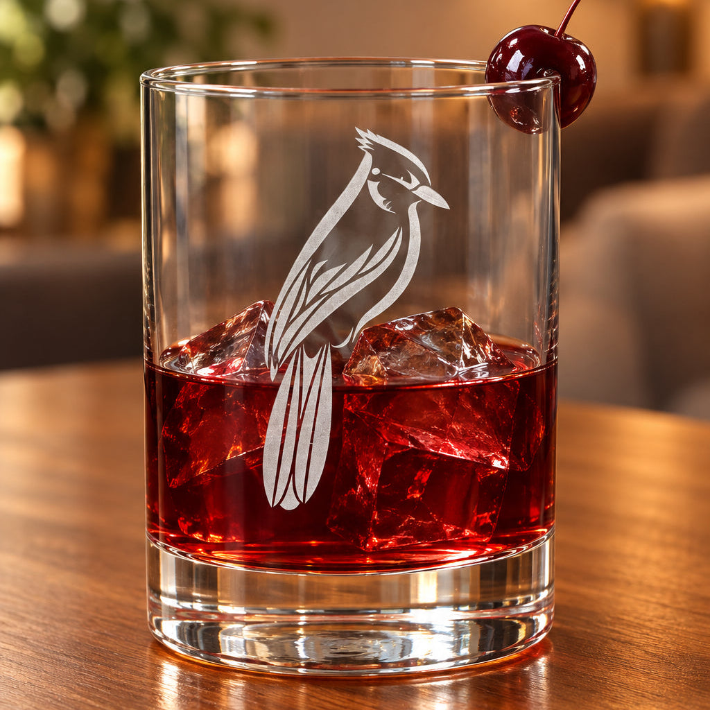 A clear glass tumbler with an etched bird design, partially filled with a soft drink, set on a wooden surface against a dark gray background.