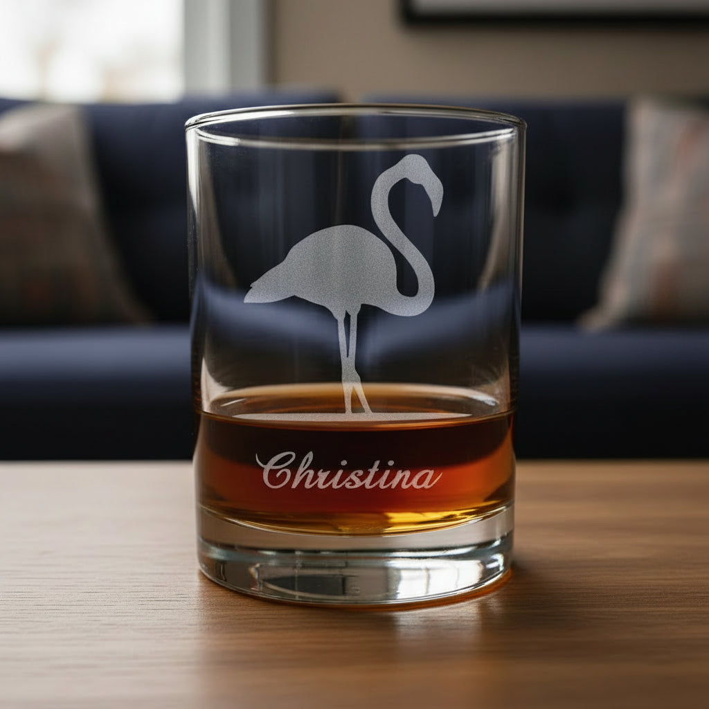 Clear glass tumbler with flamingo design and 'Christina' engraving, filled with a dark liquid on a wooden surface.
