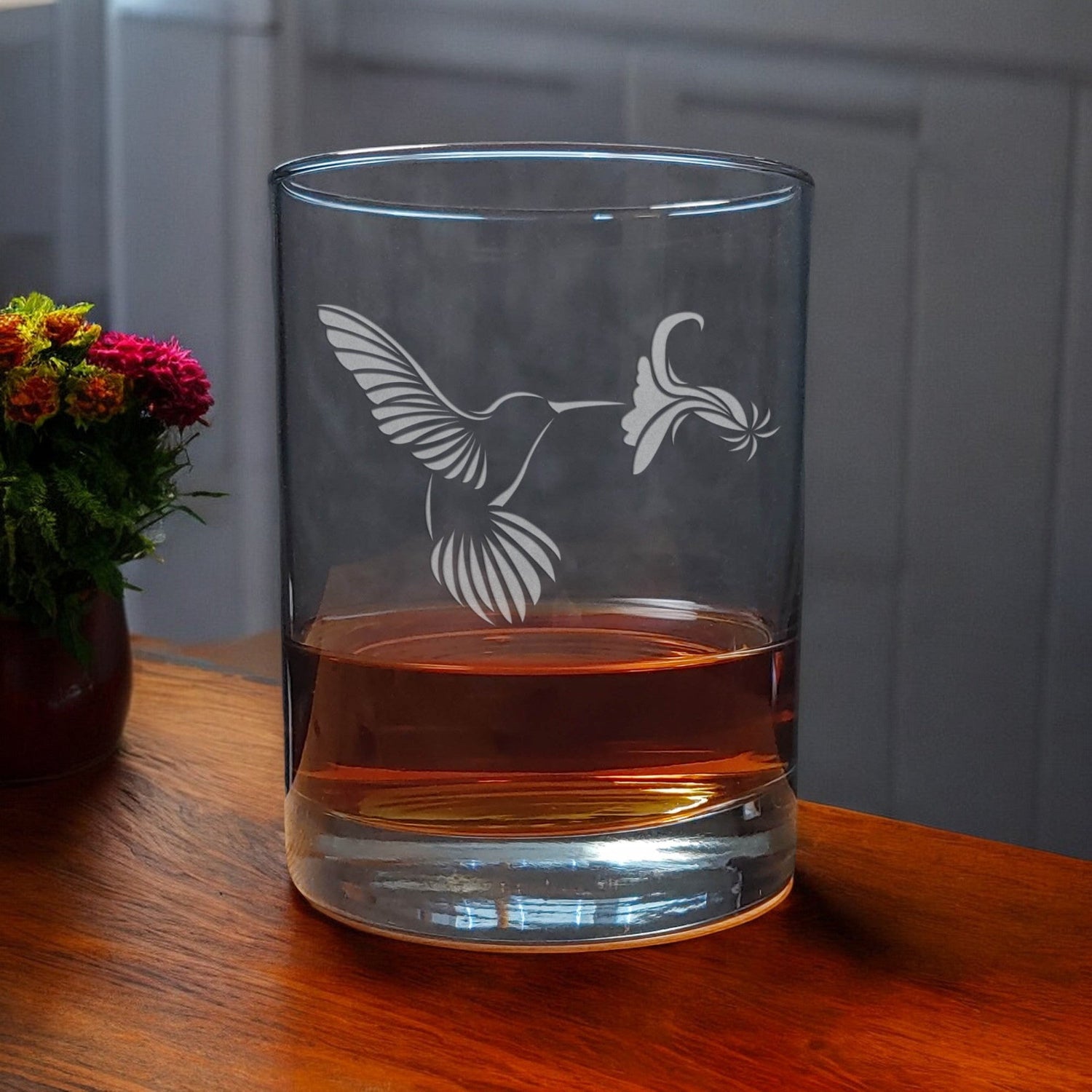 Hummingbird Hovering by a Flower Etched 13oz Whiskey Glass - Copyright Hues in Glass
