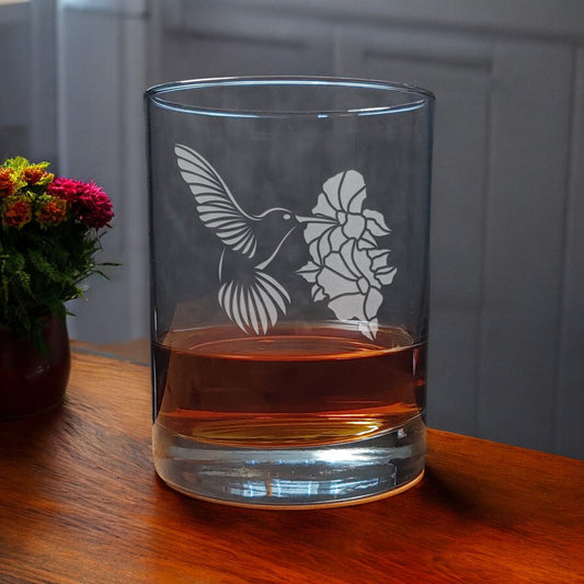 Hummingbird hovering by a hibiscus Etched 13oz Whiskey Glass - Copyright Hues in  Glass
