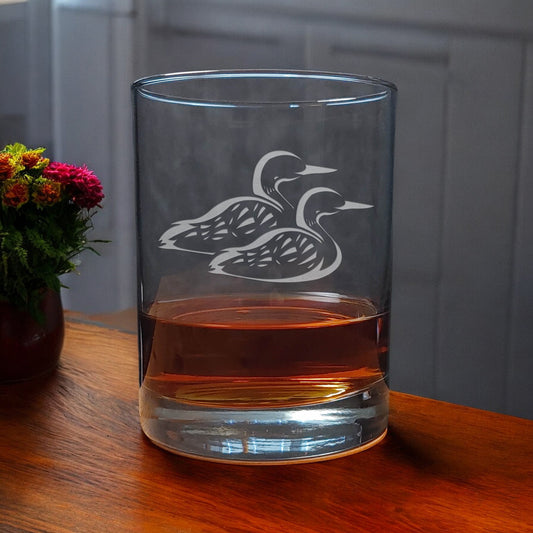 2 Loons swimming Etched 13oz Whiskey Glass - Copyright Hues in  Glass