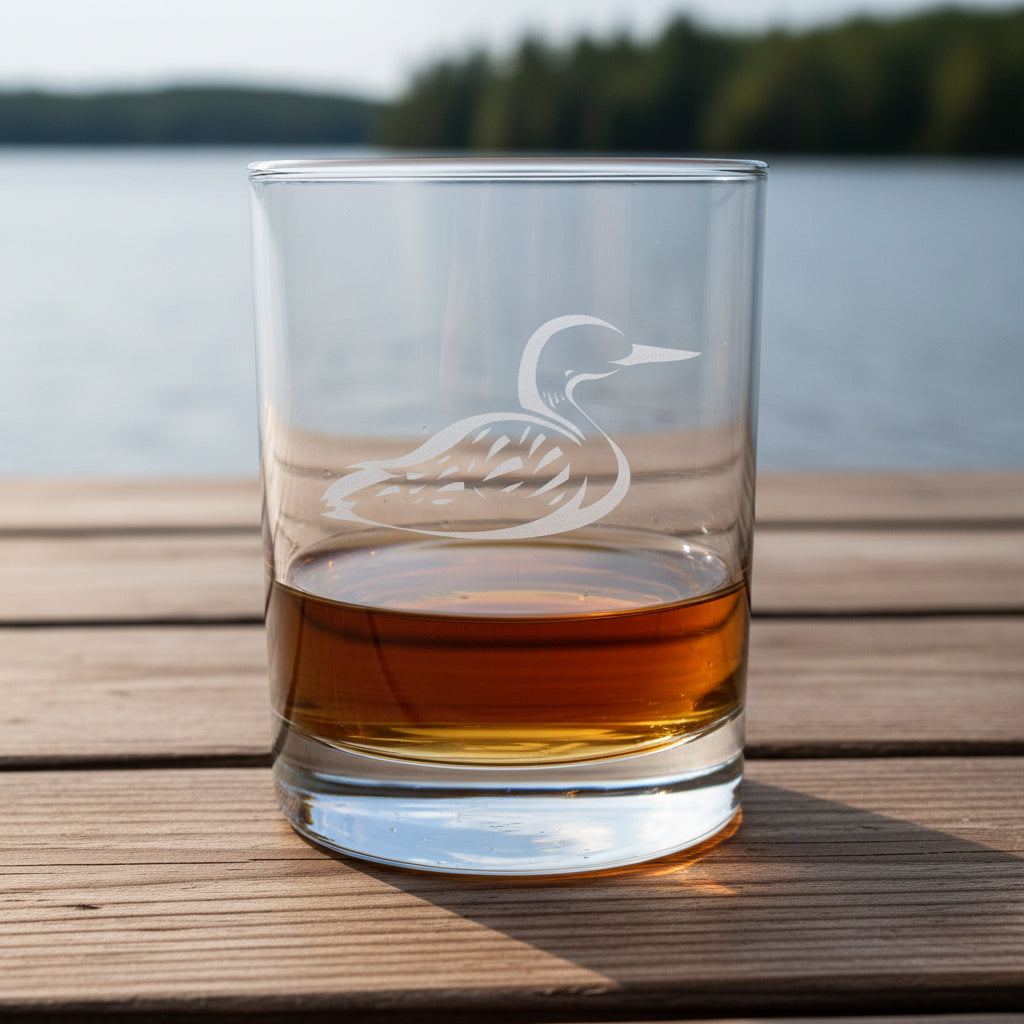 A clear glass rocks tumbler with an etched loon design, partially filled with amber whiskey, set on a wooden surface against lake and trees in the background.