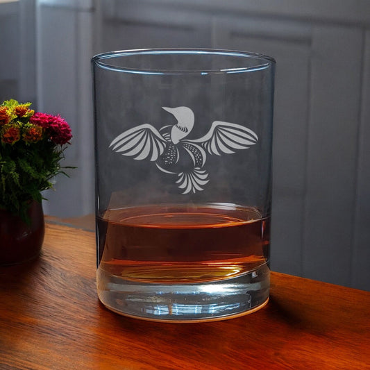 Loon wings extended in silhouette Etched 13oz Whiskey Glass - Copyright Hues in  Glass