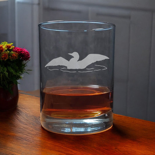 Loon wings extended in silhouette Etched 13oz Whiskey Glass - Copyright Hues in  Glass