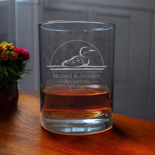 Swimmng Loon Wedding Etched 13oz Whiskey Glass - Copyright Hues in  Glass