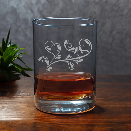 Love Birds sitting on a branch 13oz Whiskey Glass - Copyright Hues in Glass