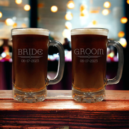 Bride and Groom 16oz Engraved Beer Mug Set – Personalized Wedding Gift for Couples – Deep Etched Sandblasted Glassware